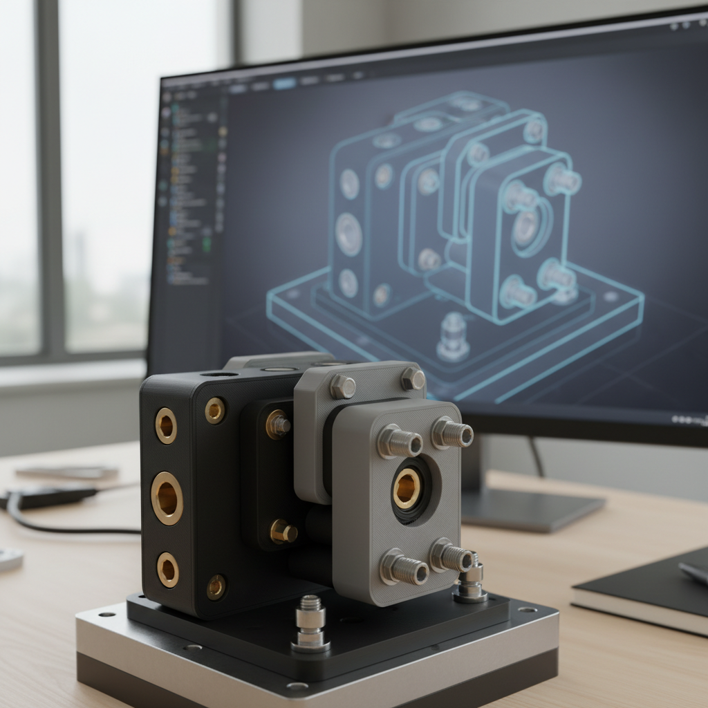 A close-up view of a robust 3D-printed mechanical assembly in matte black and gray polymer, mounted on a neutral test fixture. Fine layer lines and subtle surface textures are visible, with embedded brass heat-set inserts and stainless steel fasteners catching the light. Behind it, on a large monitor, a photorealistic CAD model of the same assembly glows in cool blues and grays, slightly out of focus. The scene is set in a tidy engineering office with a light wood desk and minimal clutter. Soft, diffused daylight from a nearby window mixes with gentle monitor glow, creating a calm, focused atmosphere. Captured from a slightly elevated angle with shallow depth of field, the composition highlights the iterative link between digital design and physical prototyping.