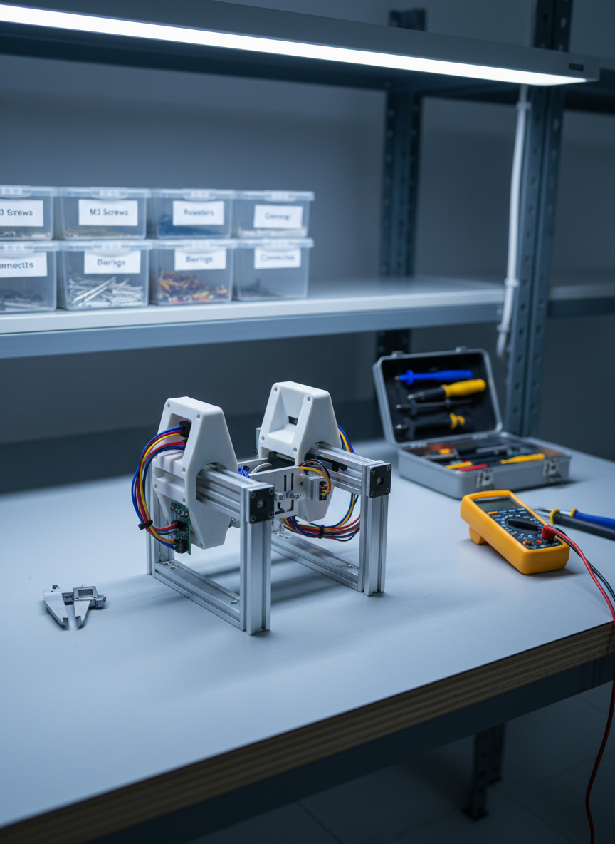 A clean, well-organized engineering workbench featuring a partially assembled mechanical prototype at center, built from precision-machined aluminum brackets, 3D-printed matte white housings, and neatly routed wire harnesses in colored sleeving. The bench surface is a light gray, scratch-resistant top with calipers, a digital multimeter, and a small open toolbox arranged with purpose. In the background, slightly blurred, are shelves with labeled bins of fasteners and components. Cool, even workshop lighting from overhead LED panels creates crisp, shadow-free illumination. Shot at eye level with moderate depth of field, the composition feels professional and methodical, emphasizing custom prototyping and hands-on engineering support in a photographic realism style.