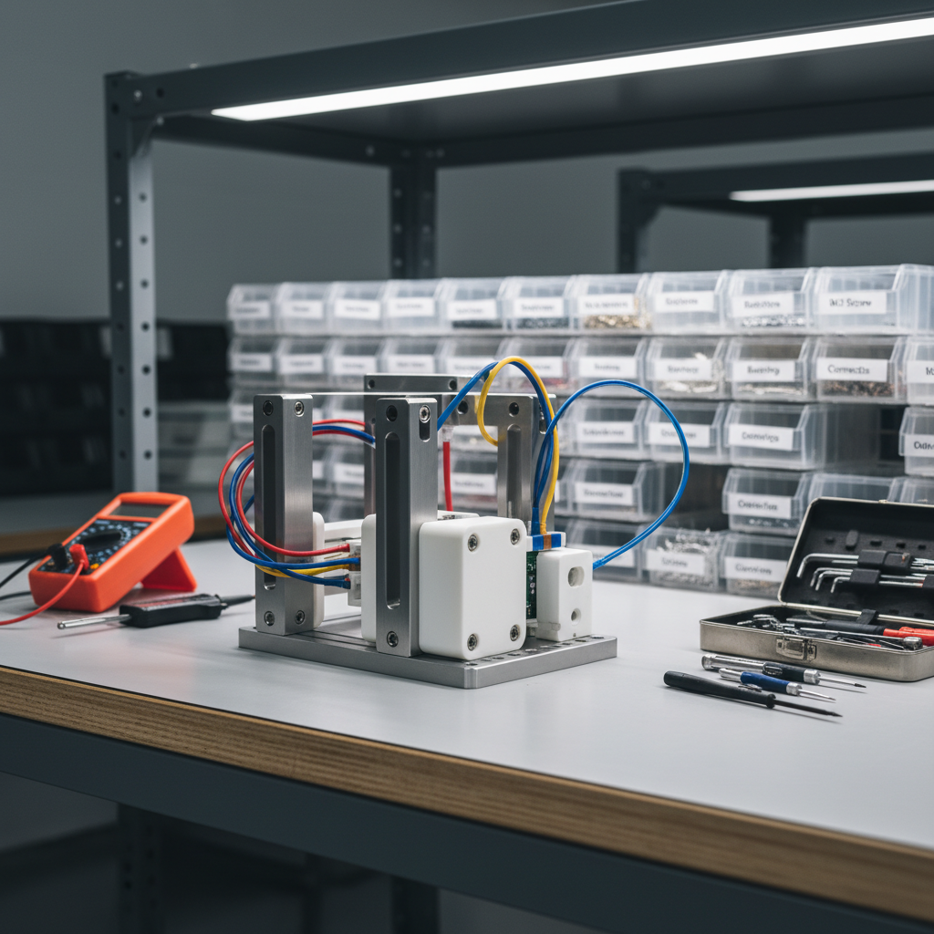 A clean, well-organized engineering workbench featuring a partially assembled mechanical prototype at center, built from precision-machined aluminum brackets, 3D-printed matte white housings, and neatly routed wire harnesses in colored sleeving. The bench surface is a light gray, scratch-resistant top with calipers, a digital multimeter, and a small open toolbox arranged with purpose. In the background, slightly blurred, are shelves with labeled bins of fasteners and components. Cool, even workshop lighting from overhead LED panels creates crisp, shadow-free illumination. Shot at eye level with moderate depth of field, the composition feels professional and methodical, emphasizing custom prototyping and hands-on engineering support in a photographic realism style.