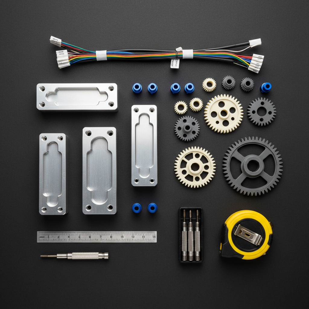 An array of custom prototype components laid out on a dark, matte work surface: precisely machined aluminum brackets with brushed finishes, small anodized blue fittings, 3D-printed gears in ivory and charcoal, and a partially assembled wire harness with labeled connectors and heat-shrink tubing. A slim stainless steel ruler, precision screwdriver set, and a neatly coiled measuring tape frame the components. Overhead LED task lighting creates clean, accurate color and gentle, well-defined shadows. Shot from a directly overhead, bird’s-eye perspective with sharp focus across the frame, the composition feels organized and analytical, evoking a parts flat-lay used to explain capabilities in custom design, troubleshooting, and engineering support with a clean, modern photographic aesthetic.