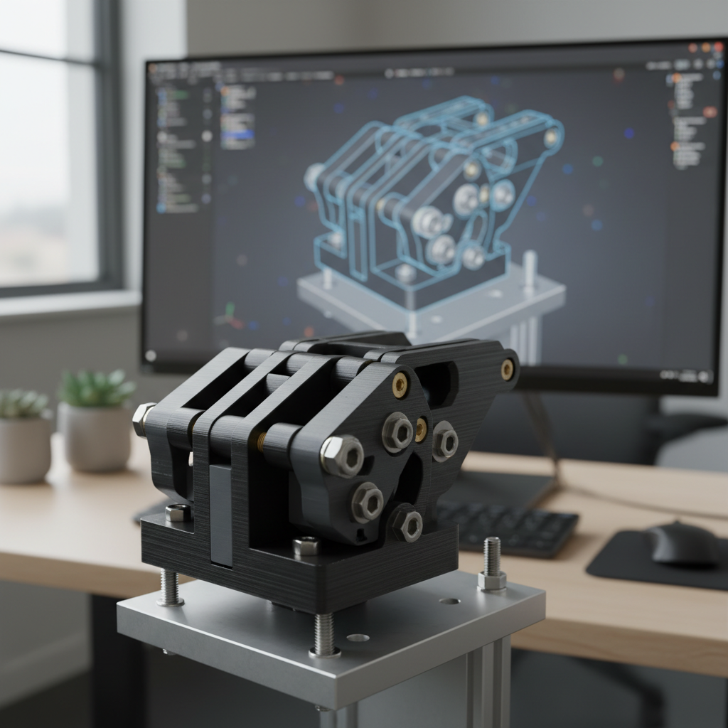 A close-up view of a robust 3D-printed mechanical assembly in matte black and gray polymer, mounted on a neutral test fixture. Fine layer lines and subtle surface textures are visible, with embedded brass heat-set inserts and stainless steel fasteners catching the light. Behind it, on a large monitor, a photorealistic CAD model of the same assembly glows in cool blues and grays, slightly out of focus. The scene is set in a tidy engineering office with a light wood desk and minimal clutter. Soft, diffused daylight from a nearby window mixes with gentle monitor glow, creating a calm, focused atmosphere. Captured from a slightly elevated angle with shallow depth of field, the composition highlights the iterative link between digital design and physical prototyping.