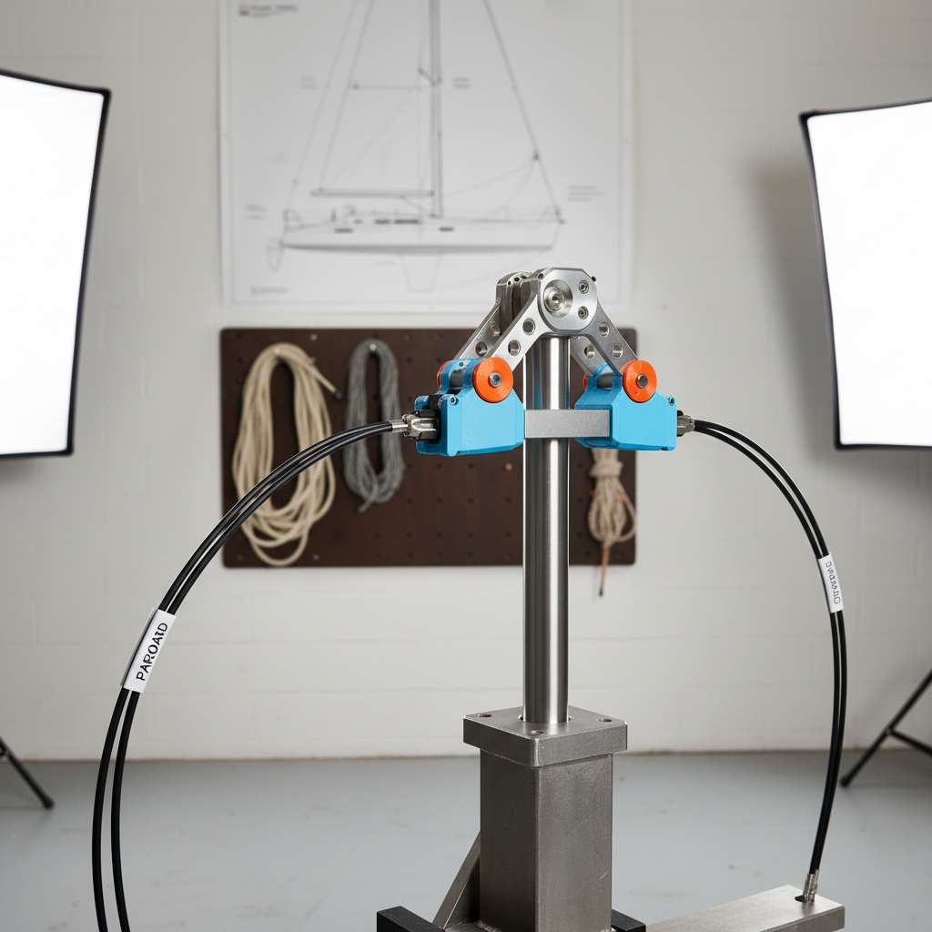 A compact sailboat steering system prototype on a sturdy test stand, featuring a brushed stainless steel shaft, CNC-machined aluminum tiller head, and a set of custom 3D-printed linkage housings in marine-grade plastics. Flexible control cables, neatly guided through labeled clamps, arc gracefully toward the edges of the frame. In the background, out of focus, hangs a large technical blueprint of a sailboat profile and a few coiled ropes on a pegboard. Neutral workshop walls and a light gray floor keep attention on the assembly. Bright, even studio-style lighting from two sides highlights edges and textures, casting minimal shadows. Captured at a three-quarter angle with moderate depth of field, the mood is precise and innovative, emphasizing niche sailing-related engineering expertise in realistic photography.
