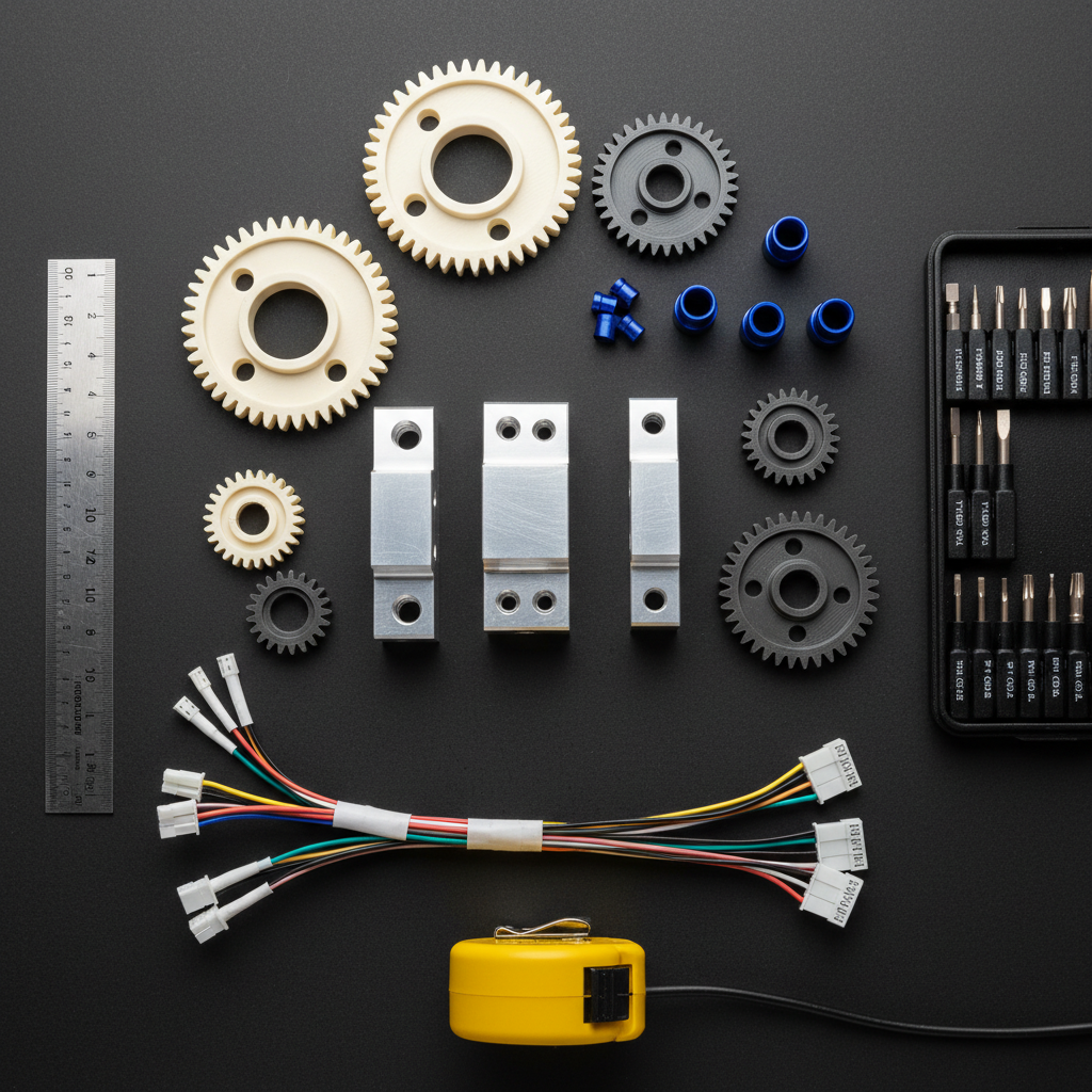 An array of custom prototype components laid out on a dark, matte work surface: precisely machined aluminum brackets with brushed finishes, small anodized blue fittings, 3D-printed gears in ivory and charcoal, and a partially assembled wire harness with labeled connectors and heat-shrink tubing. A slim stainless steel ruler, precision screwdriver set, and a neatly coiled measuring tape frame the components. Overhead LED task lighting creates clean, accurate color and gentle, well-defined shadows. Shot from a directly overhead, bird’s-eye perspective with sharp focus across the frame, the composition feels organized and analytical, evoking a parts flat-lay used to explain capabilities in custom design, troubleshooting, and engineering support with a clean, modern photographic aesthetic.