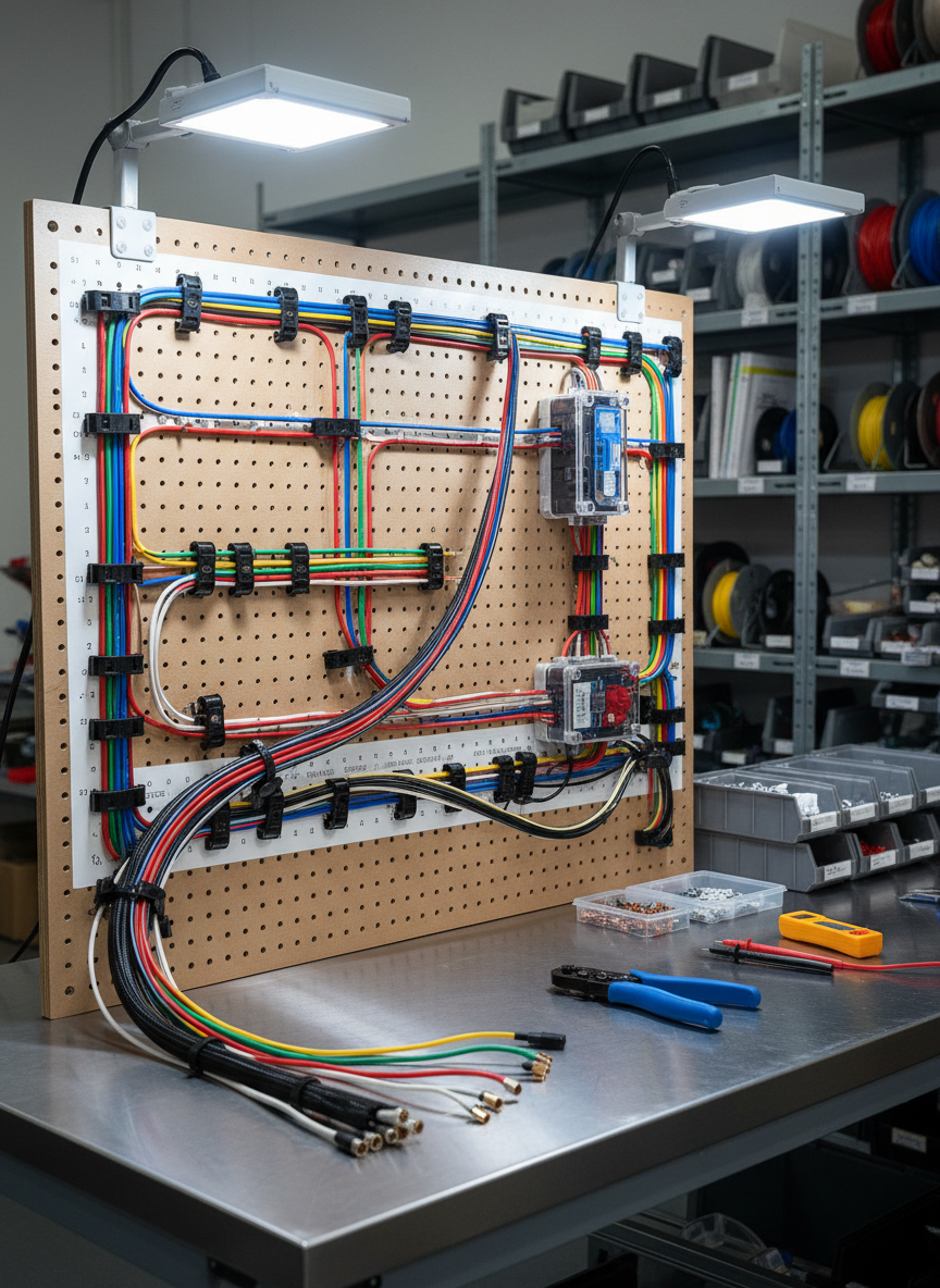 A detailed wire harness assembly station in a professional prototyping workshop, featuring a large pegboard-style harness board with color-coded cables routed along clearly marked paths, secured with reusable clamps. Custom junction boxes with labeled ports, crimp connectors, and protective braided sleeving add complexity to the layout. On the adjacent bench, a high-quality crimping tool, wire strippers, and a continuity tester rest beside small bins of terminals. Cool white task lights mounted above the board provide bright, even illumination, creating crisp highlights on metallic surfaces and clear visibility of cable colors. The background is gently blurred shelving with spools of wire. Shot from a slightly elevated angle with moderate depth of field, the composition feels orderly and technical, conveying meticulous, hands-on electrical prototyping in a clean, photographic realism style.